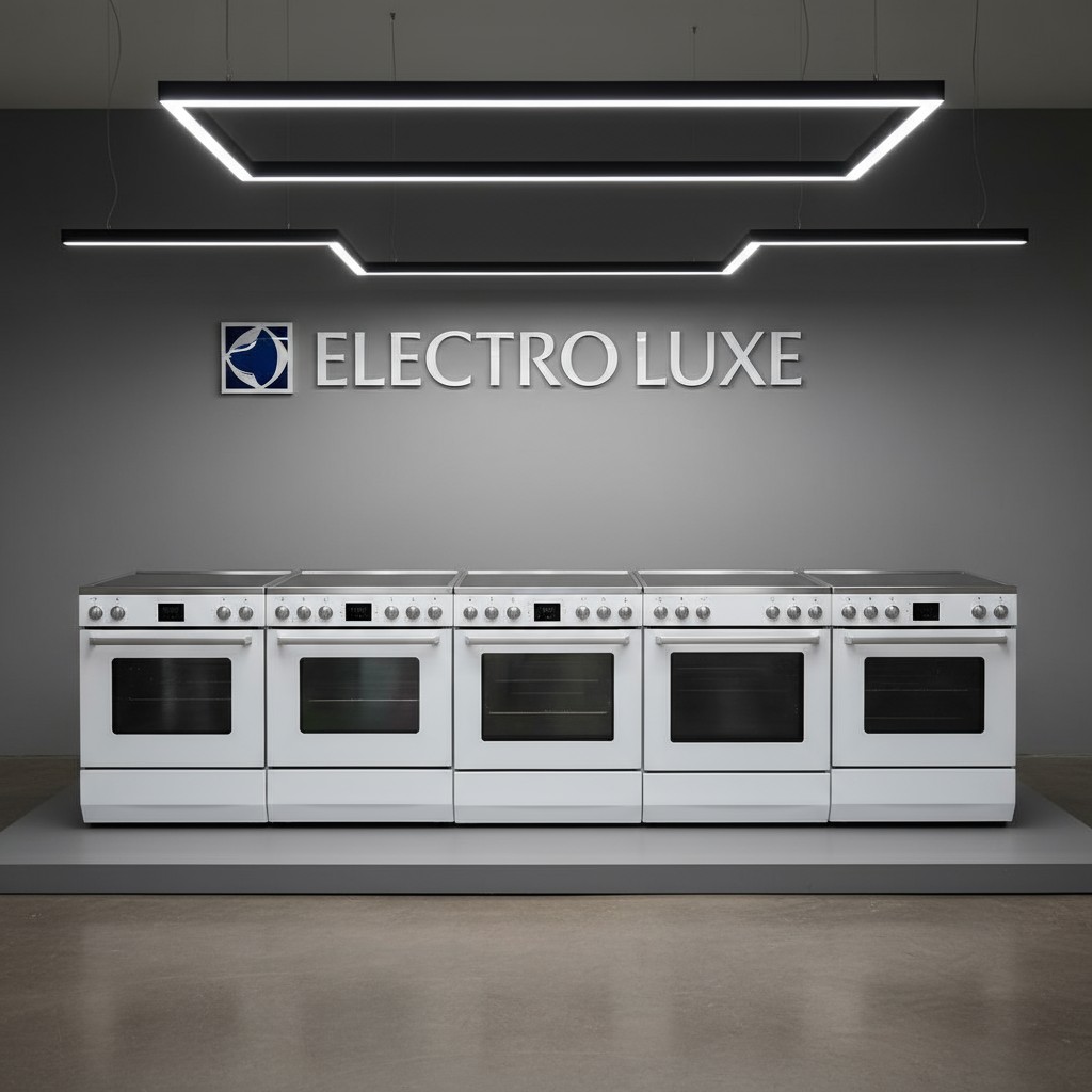 A room with five white, contemporary style ranges lined up side by side, against a gray wall.