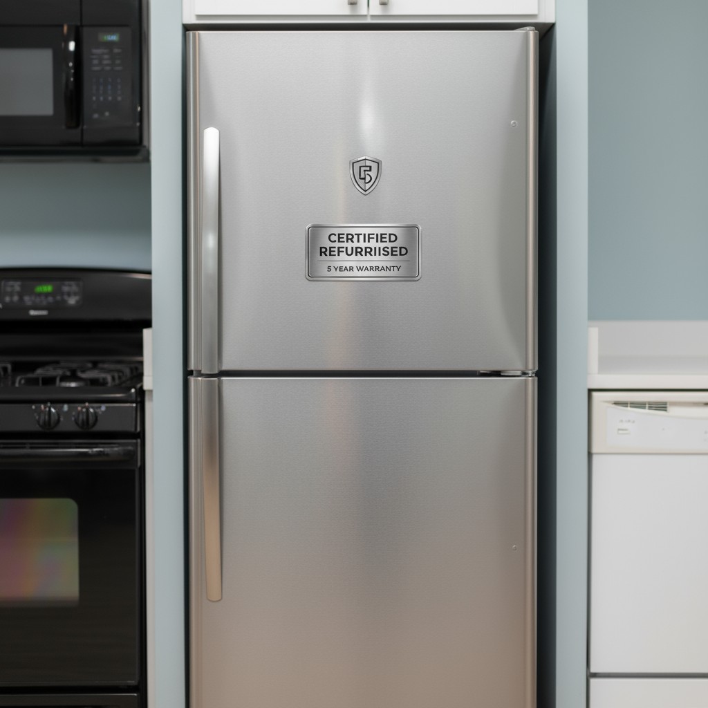 **Alt Text:** A stainless-steel refrigerator with a 'Certified Refurbished' label and '5 year warranty' note, in a domesti...