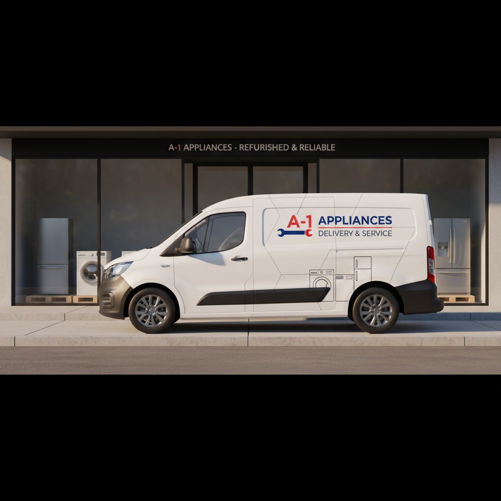 Van parked in front of store with white and blue text and appliances in the background written: A-1 APPLIANCES DELIVERY & ...